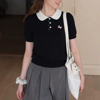 法式灰色学院风polo领冰丝针织t恤女夏季复古拼色娃娃领短袖上衣
