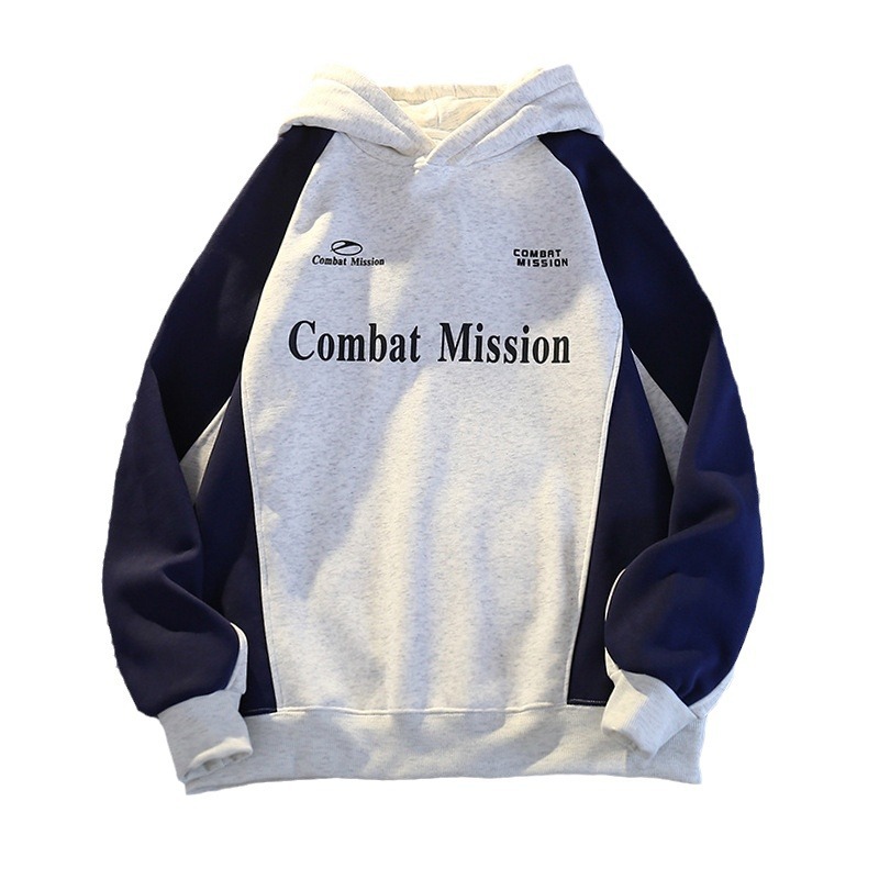 Felpa con cappuccio, manica raglan, stampata con lettere in stile americano, spessa e foderata in pile, patchwork, color-block, alla moda_voghion.com