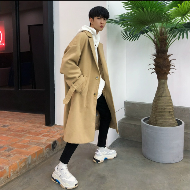 [Clearance]Men's Windbreaker Mid-length Style Thickened Korean Styley Woolen Coat Japanese Style Winter