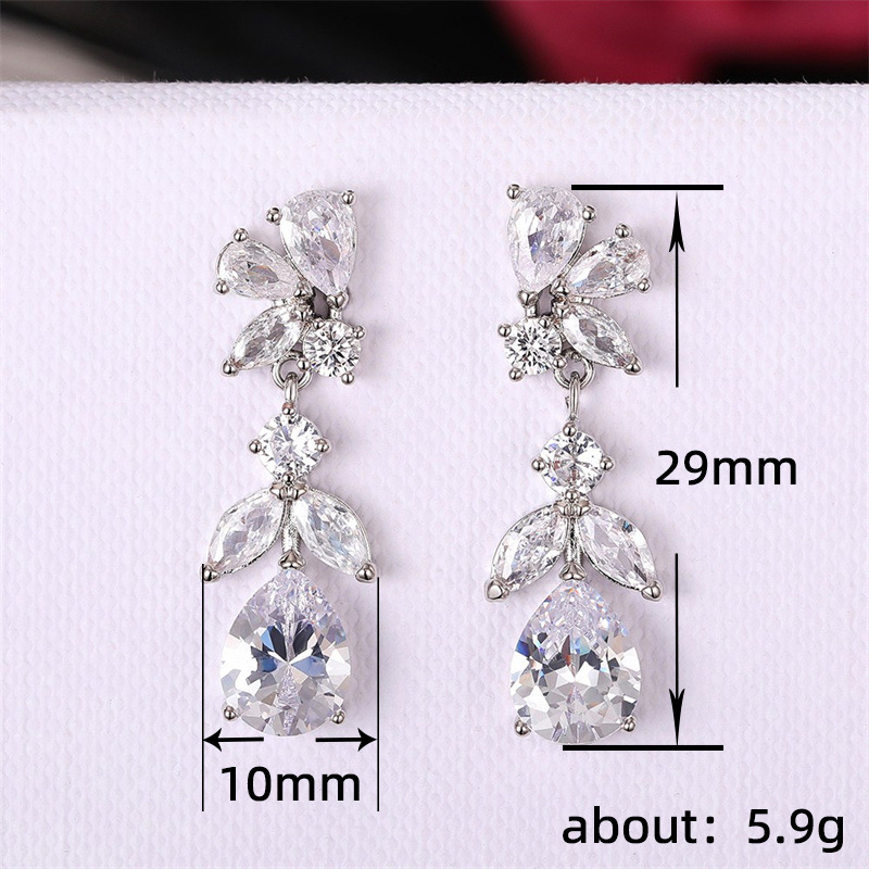 9g Weight Zircon Inlay Material 1 Pair Simple Style Shiny Leaf Water Droplets Inlay Copper Zircon Drop Earrings