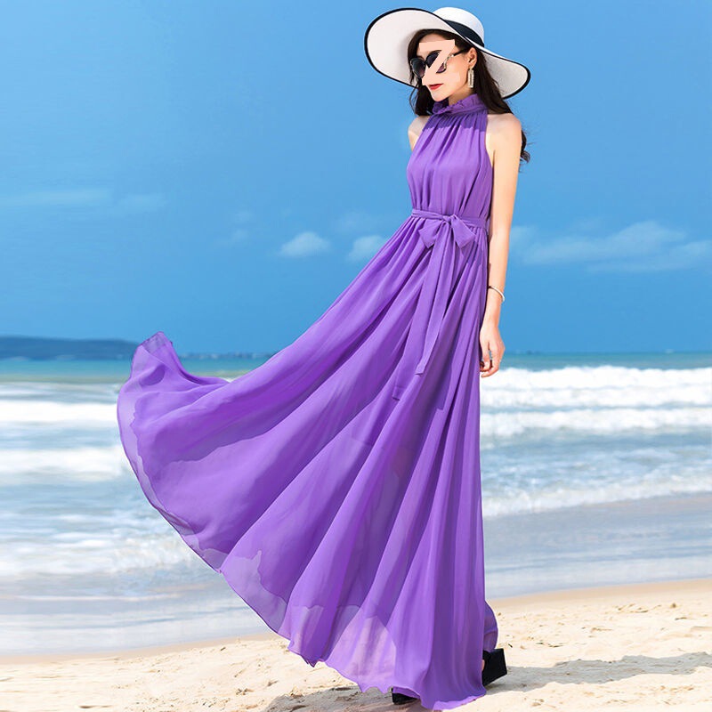 Extra-Long Ankle-Length Dress 2025 New Style Bohemian Solid Color Chiffon Plus-Size Dress Vacation Beach Dress Super Fairy-Like