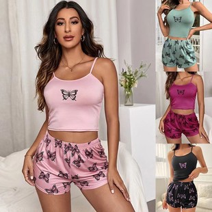 Temu European and American Cross-Border Summer Camisole Shorts Women's Pajama Set with Drapey Butterfly Print Loungewear European and American Style