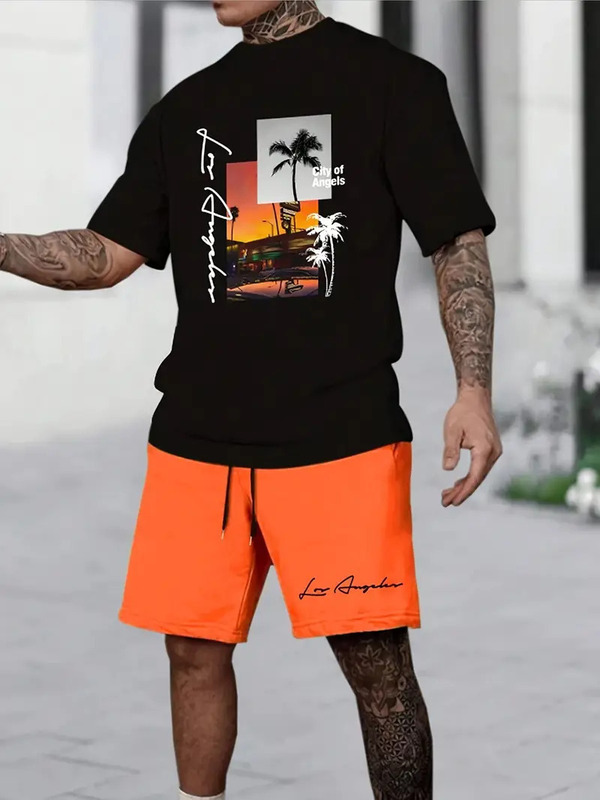 クロスボーダーヨーロッパとアメリカのファッション Tシャツショーツ漫画レタープリント夏の新しいストリートルーズカジュアルヒップホップスーツ|undefined