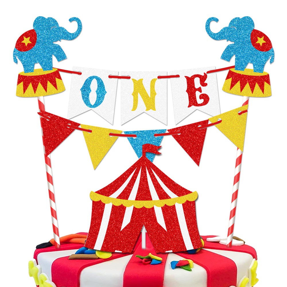 Amazon Hot Sale Circus Carnival Un aniversario de pastel Plug-in Kids Playground Decoración de pastel de cumpleaños