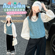 女童春秋套装2025新款女孩针织马甲泡泡袖衬衫裤子儿童时尚三件套