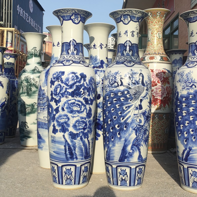 Cerámica de tierra gran vasija de flores esmaltado porcelana azul pintada a mano florecer adornamientos ricos y grandes adornos de regalo de apertura de hotel