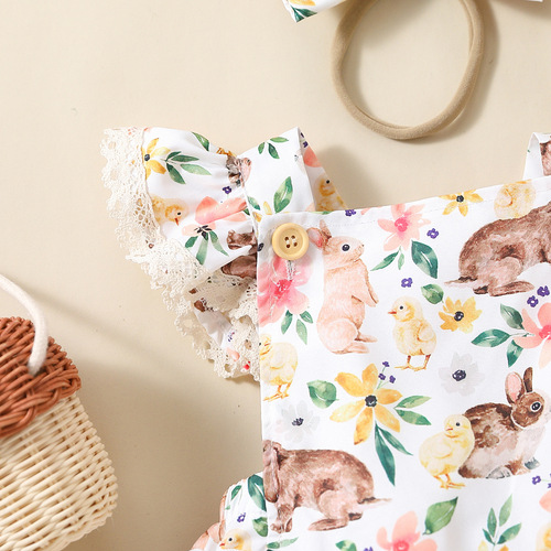 AliExpress Amazon Baby Girl Easter Rabbit Lace Sleeve Three-Layer Cake Triangle Climbing Suit + Headband