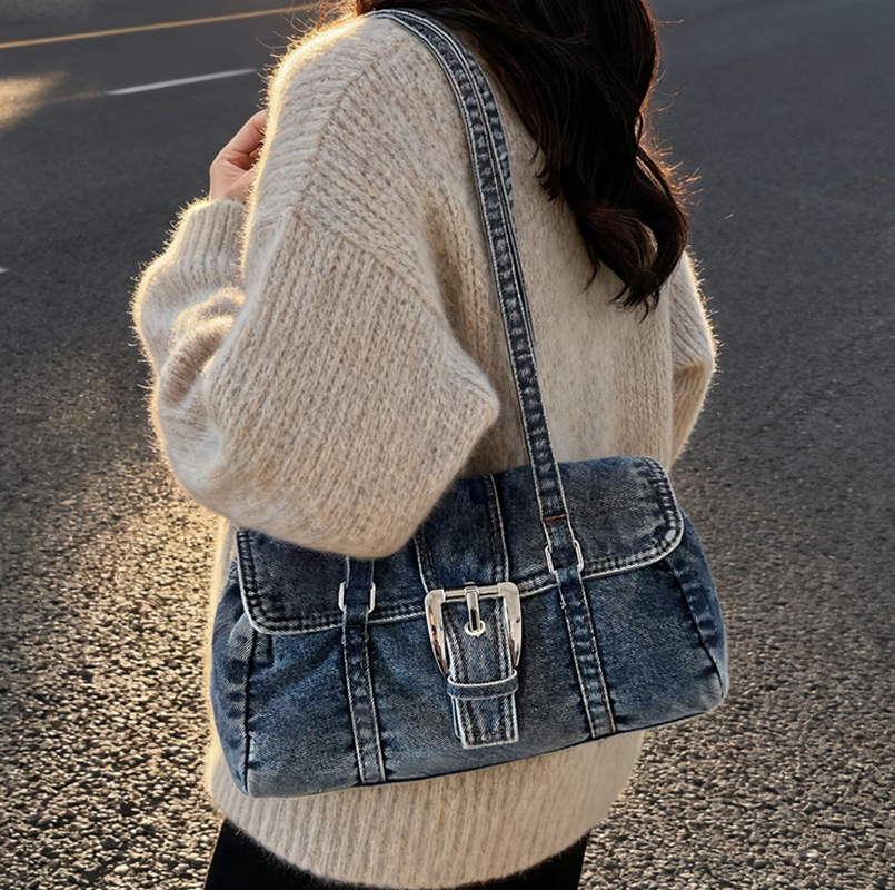 Cross-Border New Style Denim Baguette Shoulder Bag, Foreign Trade Commuter Niche Belt Buckle Versatile Retro Motorcycle Bag, Underarm Bag