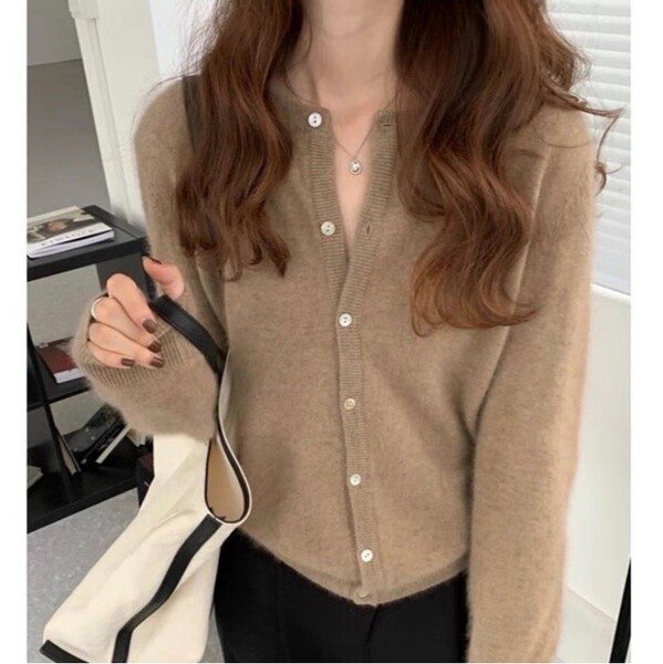 Autumn purple knitted cardigan with a round collar