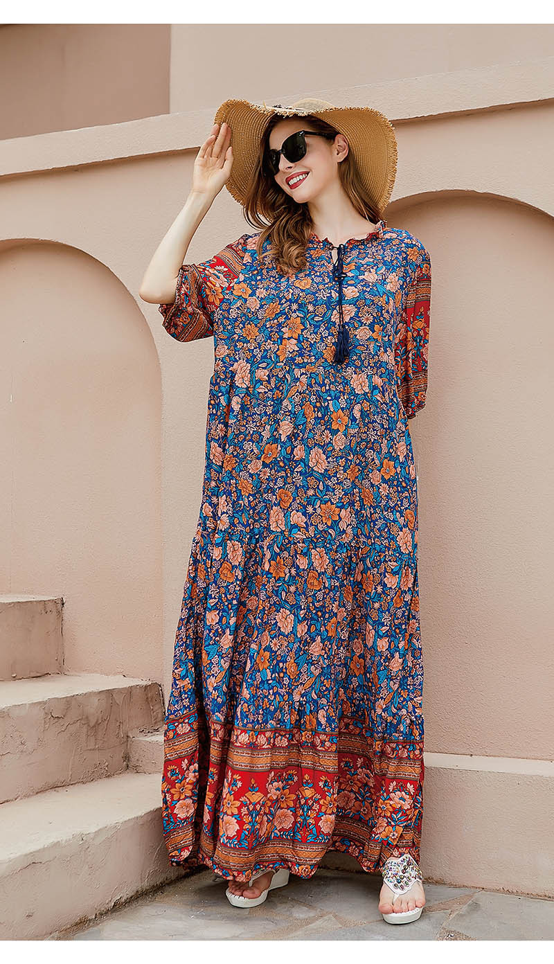 Langes Blumenkleid Für Damen Orientalischer Stil Baumwollseide_voghion.com