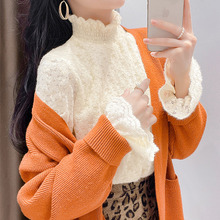半高领磨毛加绒加厚蕾丝打底衫女秋冬洋气内搭2024新款网纱上衣女