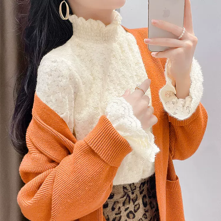 半高领磨毛加绒加厚蕾丝打底衫女秋冬洋气内搭2024新款网纱上衣女