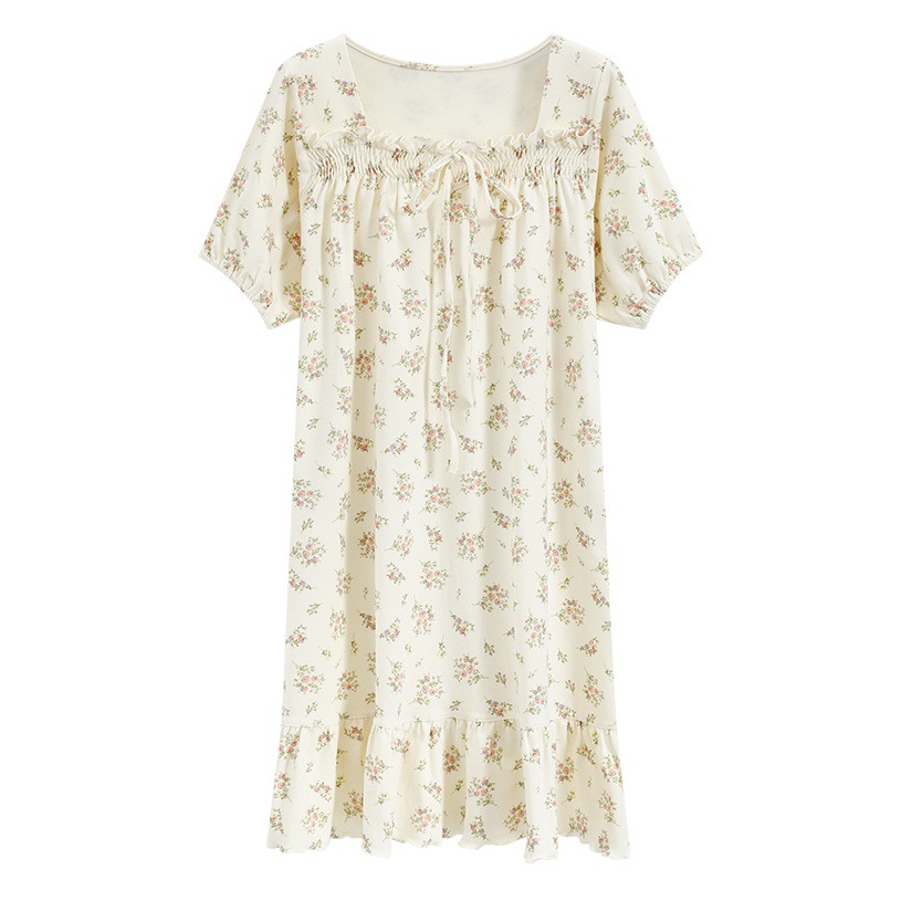 2024 Nuevo Camisón de algodón puro-blanco cremoso de manga corta de mamá de las mujeres embarazadas puro deseo estilo pijamas vestido de verano de las mujeres Retro