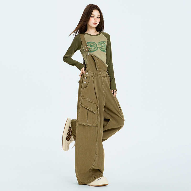 美式复古工装风牛仔背带裤女2025新款韩版时尚气质宽松阔腿连体裤|undefined