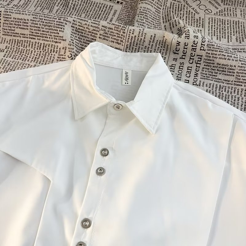 Erkek Zincir Detaylı Uzun Kollu Sokak Giyimi Gömlek Büyük Boy Düğmeli, Çıkarılabilir Aksesuarlı Gömlek (Siyah/Beyaz, M-3XL)_voghion.com