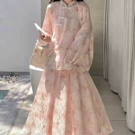 粉色碎花新中式国风套装裙女春秋2025新款绝美清冷感禅意两件套