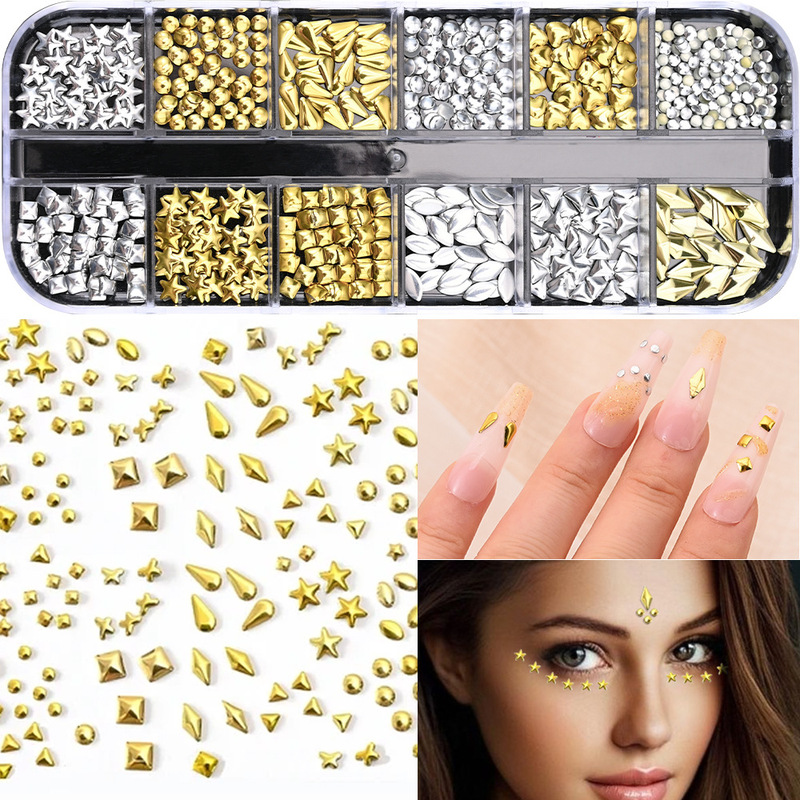 Popular 12-Grids Geometric Pattern Nail Art Jewelry Stereo Five-Pointed Star Gold and Silver Nail Art Diamond Eye Makeup Face Sticker Decoration