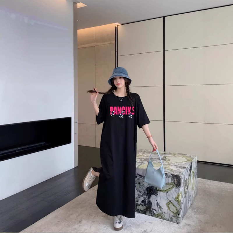 Cross-Border Wholesale Fashion Simple Dress for Women, Summer Lazy Dress, Long Over-The-Knee Slit T-Dress, Casual Loose Fit