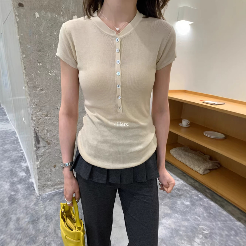 Hers One Spoon of Sweetness Spring/Summer American Retro Henley Collar Slim-Fit Short-Sleeve Knitted T-Shirt for Women