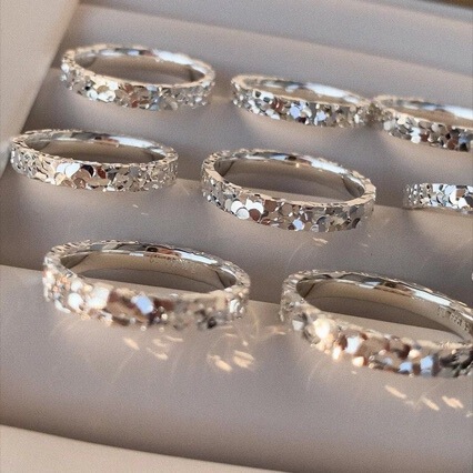 Stamped Pure Silver 9999 Three-Sided Ice-Crushed Design Closed Ring for Women, Light Luxury High-End Feel, Cnc Precision Craftsmanship, Dazzling Silver-Plated Finish