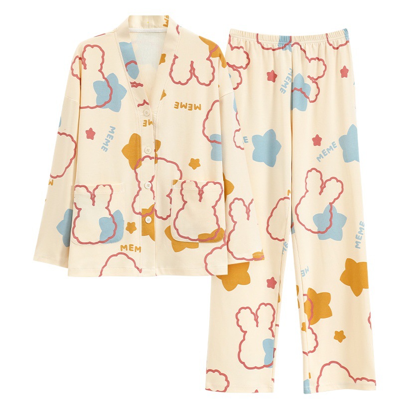 2025 primavera y otoño nuevo pijama mujer rebeca de algodón de manga larga kimono con cuello en V traje de servicio a domicilio casual dulce