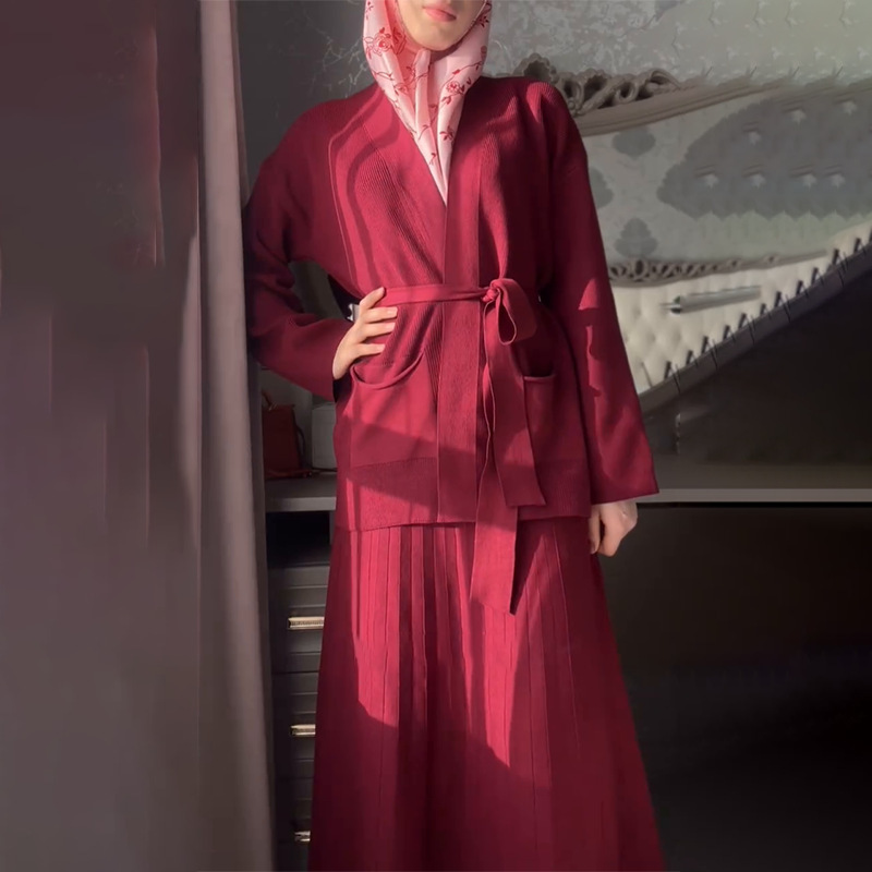 欧美跨境外贸2025春季宽松绑带口袋V领开衫外套舒适半身裙套装女|undefined