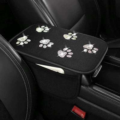 car interior decoration pad, TikTok, Armrest box pad - foot-y-shaped-rhinestone-with-storage-bag