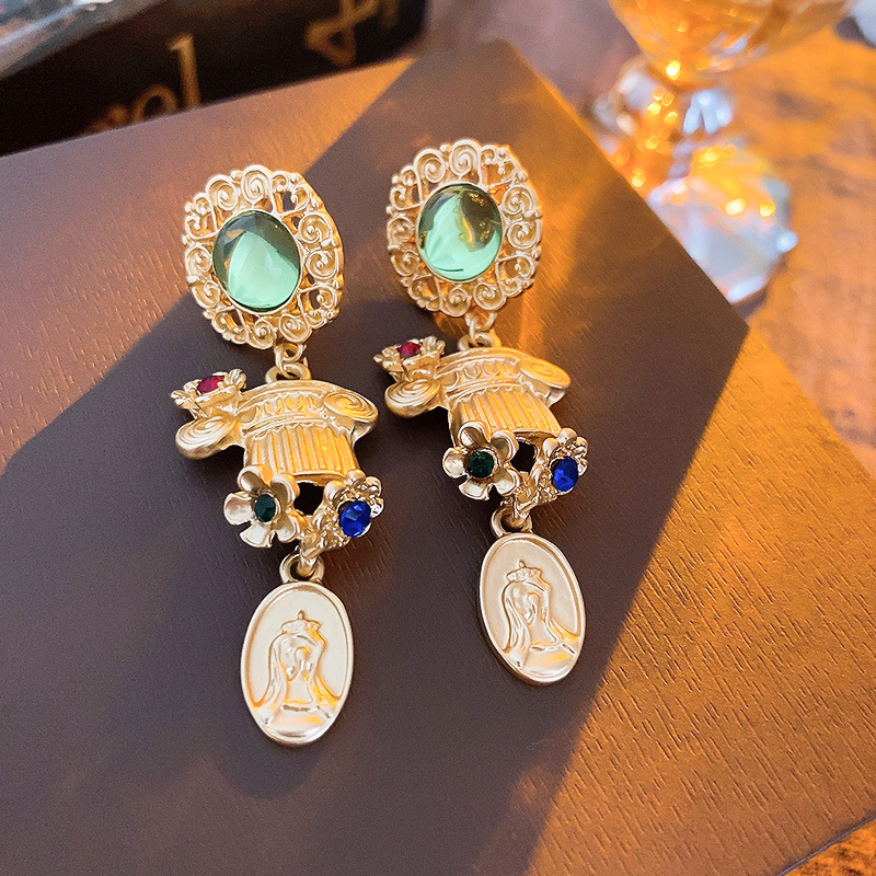 Retro Flower Resin Copper Inlay Artificial Diamond Drop Earrings 1 Pair