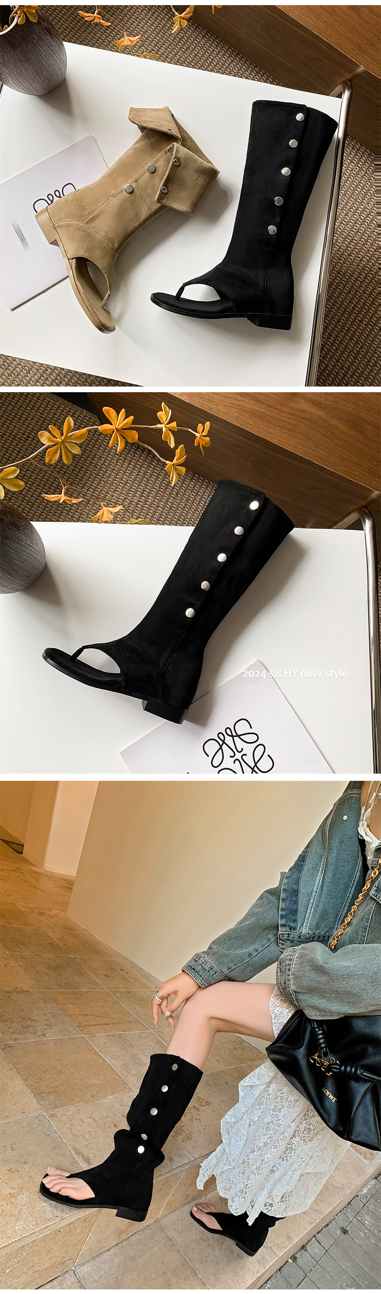 Boot cao gót xỏ ngón hai kiểu mỏng ống quần mùa hè, phong cách cao bồi tây, mũi vuông — Màu đen chi tiết 17