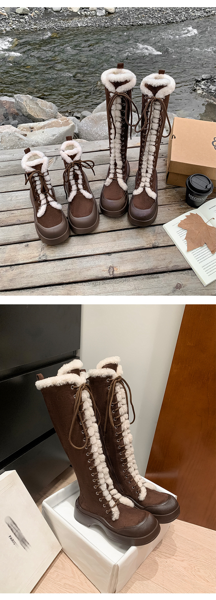 Boot nữ cổ cao lông dày ấm áp, dây buộc phong cách hiệp sĩ, đế chống trượt mùa đông — màu nâu chi tiết 12