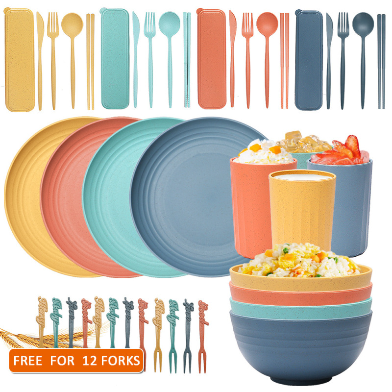 Cross-Border Wheat Straw Bowl, Cup, Plate 32-Piece Tableware Set, Portable Knife, Fork, Spoon, Chopsticks, Microwaveable, Eco-Friendly Set
