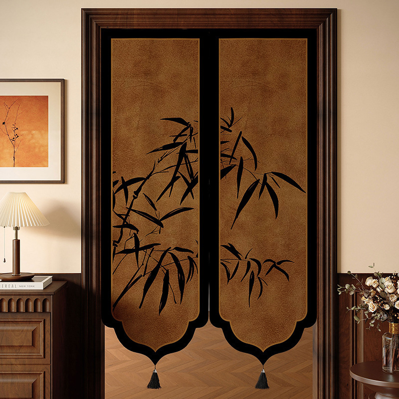 New Chinese-Style Door Curtain with Rod, No-Drill, Printed with Bamboo and Bird Motifs, Partition Curtain