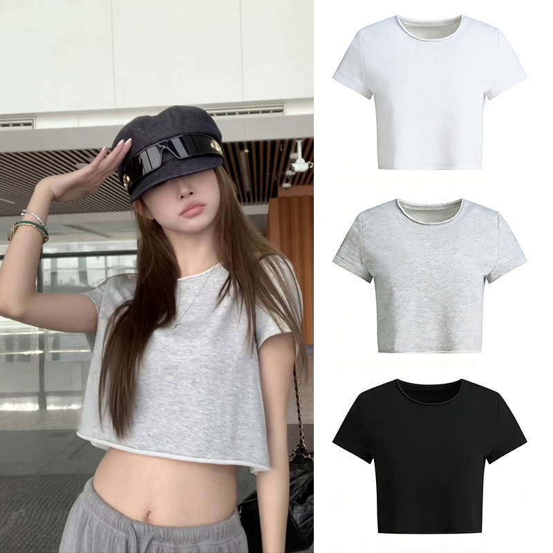 Short Hemmed T-Shirt for Women, Summer Simple Basic Style, Round Neck, Regular Shoulder, Short Sleeves, Slim-Fit Casual Top