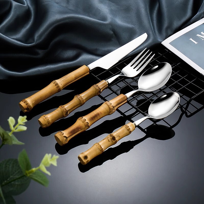Handmade Bamboo Handle Western-style Tableware suit Ins Style 304 Stainless Steel Dessert Spoon Fork Household Tableware Knife, Fork and Spoon Handmade Bamboo Handle Western-style Tableware suit Ins Style 304 Stainless Steel Dessert Spoon Fork Household Tableware Knife, Fork and Spoon