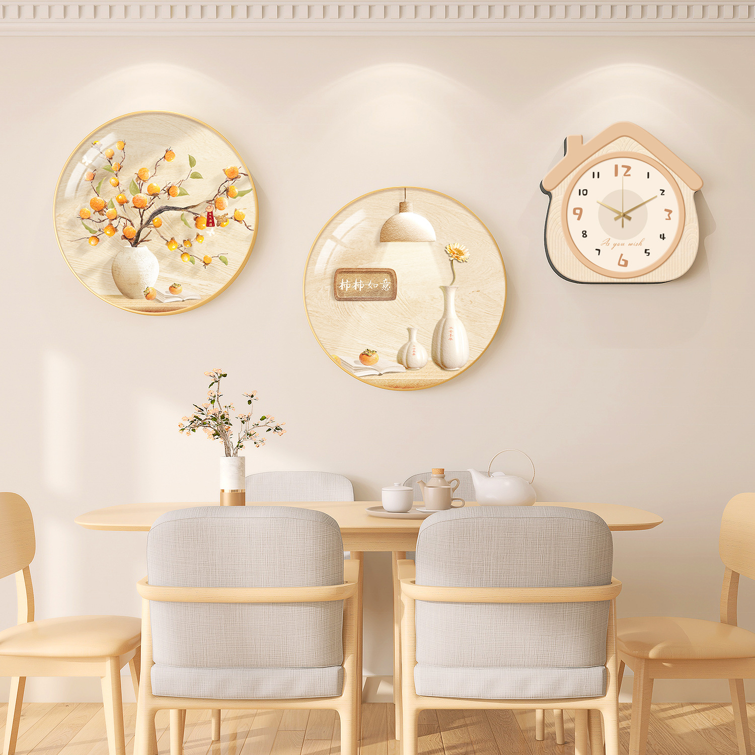 Cream-Style Restaurant Decorative Painting, Dining Room Background Wall, Three Meals and Four Seasons Hanging Painting, High-End and Warm Hanging Wall Painting