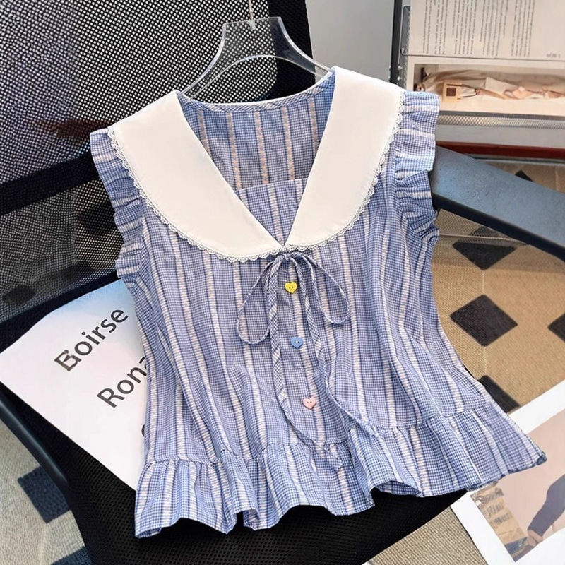 Recommended for Self-Retention! Pure Desire Style Navy Collar Shirt for Women Summer New Style Small Flying Sleeves Bow Stripesd Top Recommended for Self-Retention! Pure Desire Style Navy Collar Shirt for Women Summer New Style Small Flying Sleeves Bow Stripesd Top