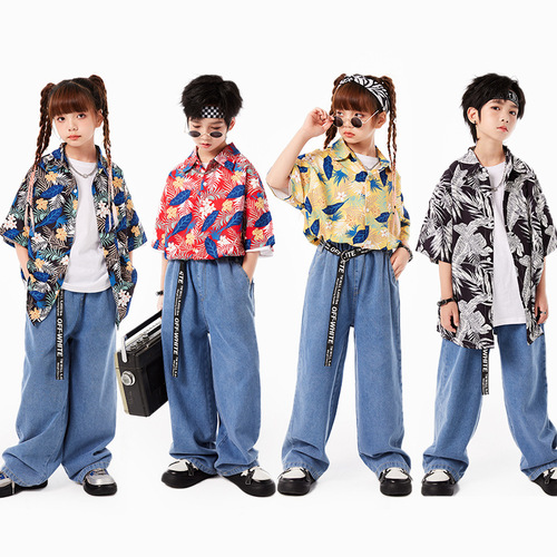 Street dance children's trendy clothing boys hip-hop hiphop retro Hong Kong style shirt suit girls drum performance clothing summer