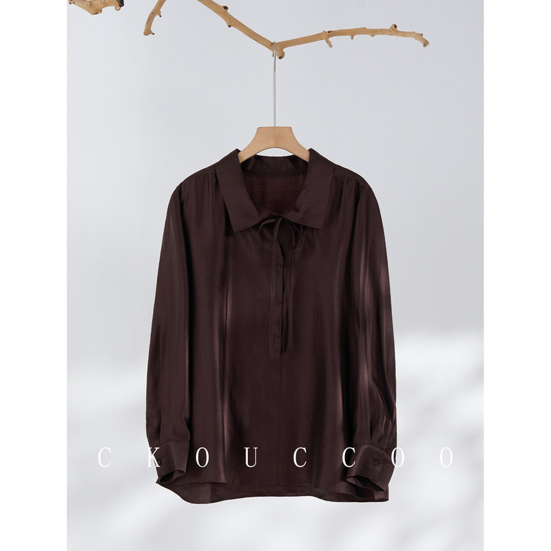 Rongtai Classic Silk Tencel Coffee Color Ribbon Long Sleeve Lapel Shirt for Women, Relaxed Fit, Slimming Pullover Top Rongtai Classic Silk Tencel Coffee Color Ribbon Long Sleeve Lapel Shirt for Women, Relaxed Fit, Slimming Pullover Top