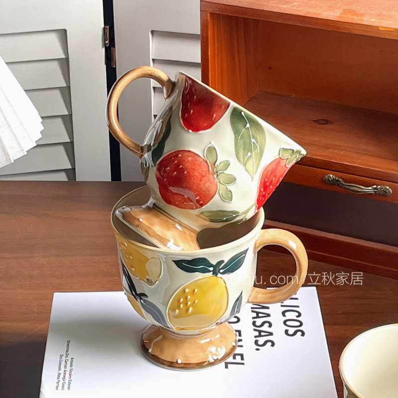 工厂批发手绘釉下彩马克杯女生伴手礼中古风陶瓷咖啡杯早餐牛奶杯|undefined