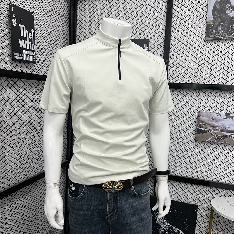 Men's Summer Sports T-Shirt Style High Neck Zipper Short Sleeve Fashionable Trendy Loose Top_viptrois.com