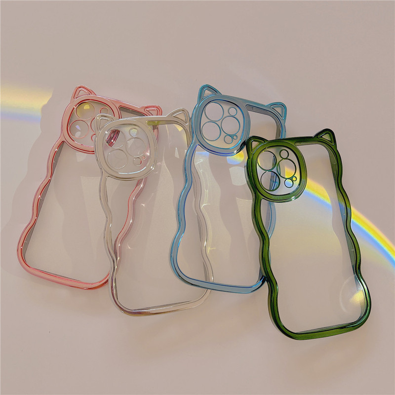 Electroplated Cat Ear Wave Apple Mobile Phone Case Suitable for Iphone16/15/14 Fine Hole Transparent Case 17Promax Soft