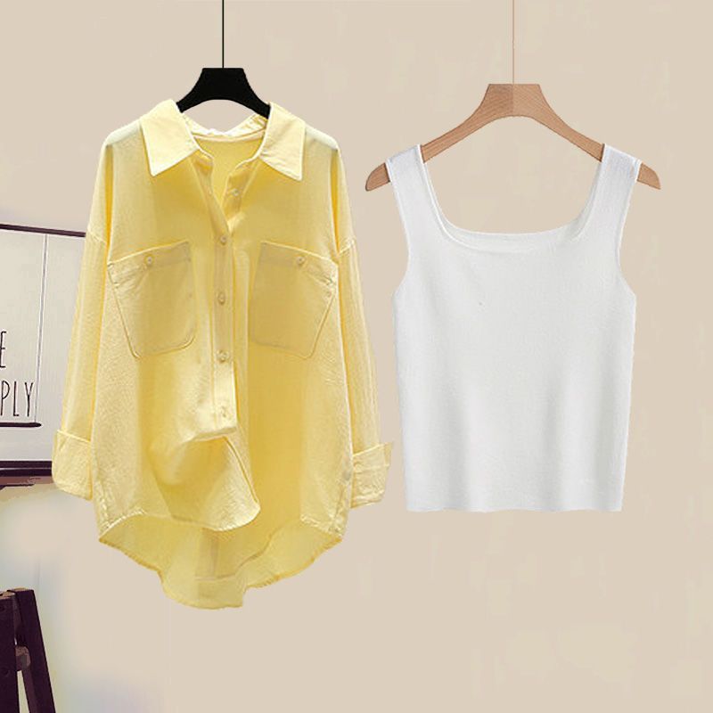 Damenbekleidung Stylisches Hemd Camisole Weste Schmaler Jeansrock Übergröße Damen Herbst-Outfit-Set - Stylisches Hemd, Tanktop & Jeansrock 3-teiliges Set_voghion.com