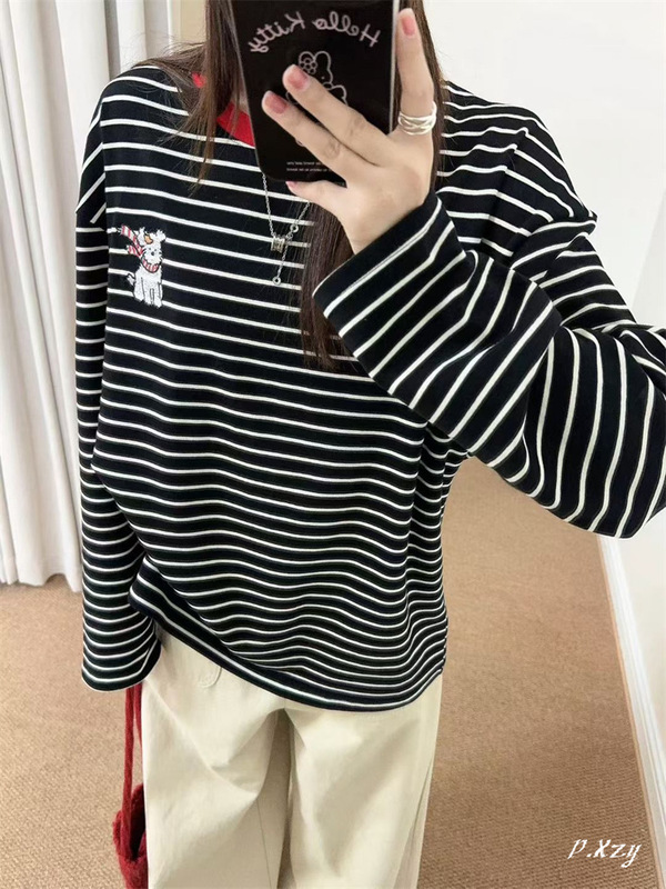 025秋季2025新款慵懒风松弛感宽松上衣早秋薄棉长袖打底衫女士T恤|undefined
