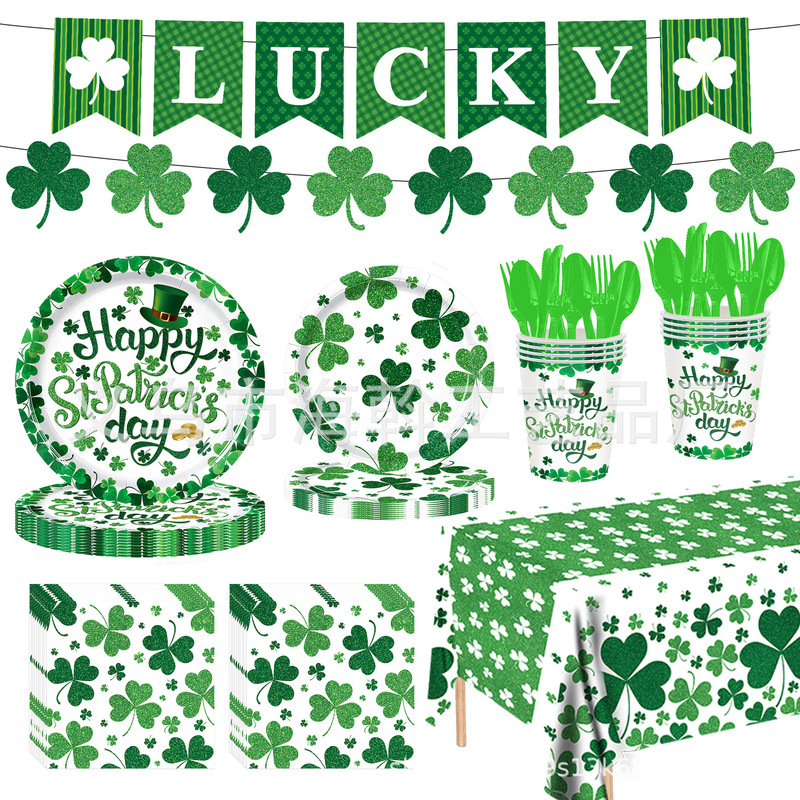 New St. Patrick's Day Party Decoration Clover Paper Plate Tissue Tableware Set Irish Arrangement Supplies