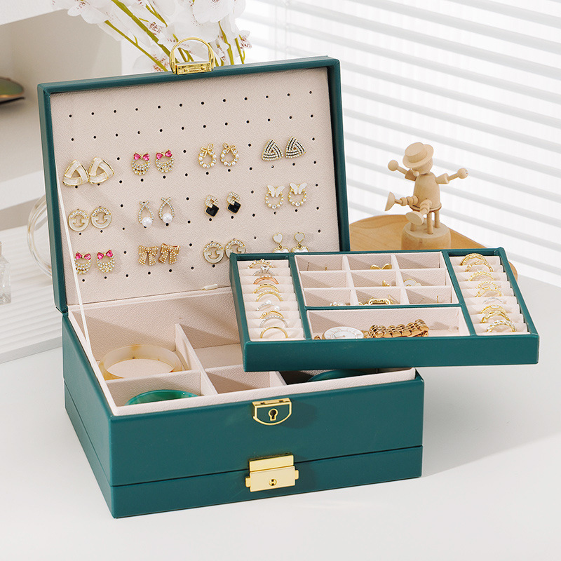Nueva gran capacidad de cuatro capas caja de joyería caja de almacenamiento de joyería de cuero hogar pendientes anillo caja de almacenamiento de joyería