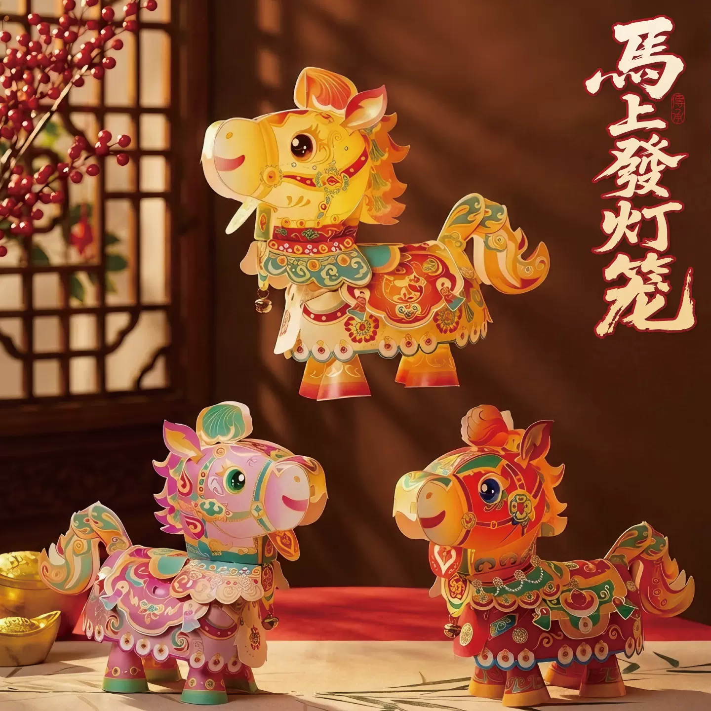 新年马上发国潮战马灯笼手工diy材料幼儿园益智手持发光花灯元宵