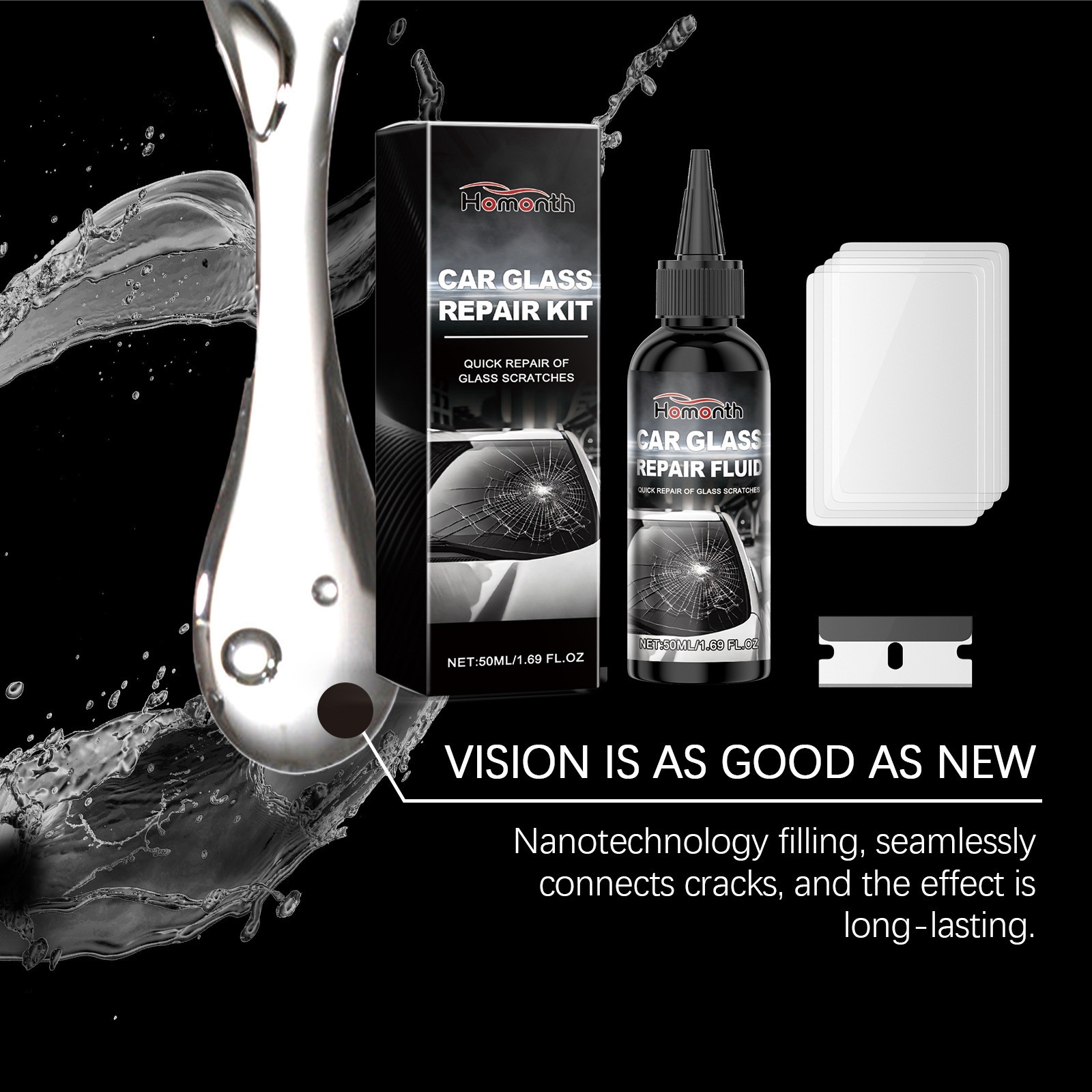 Homonth Car Glass Care Solution Car Windshield Nano Repair Fluid for Clear Vision
