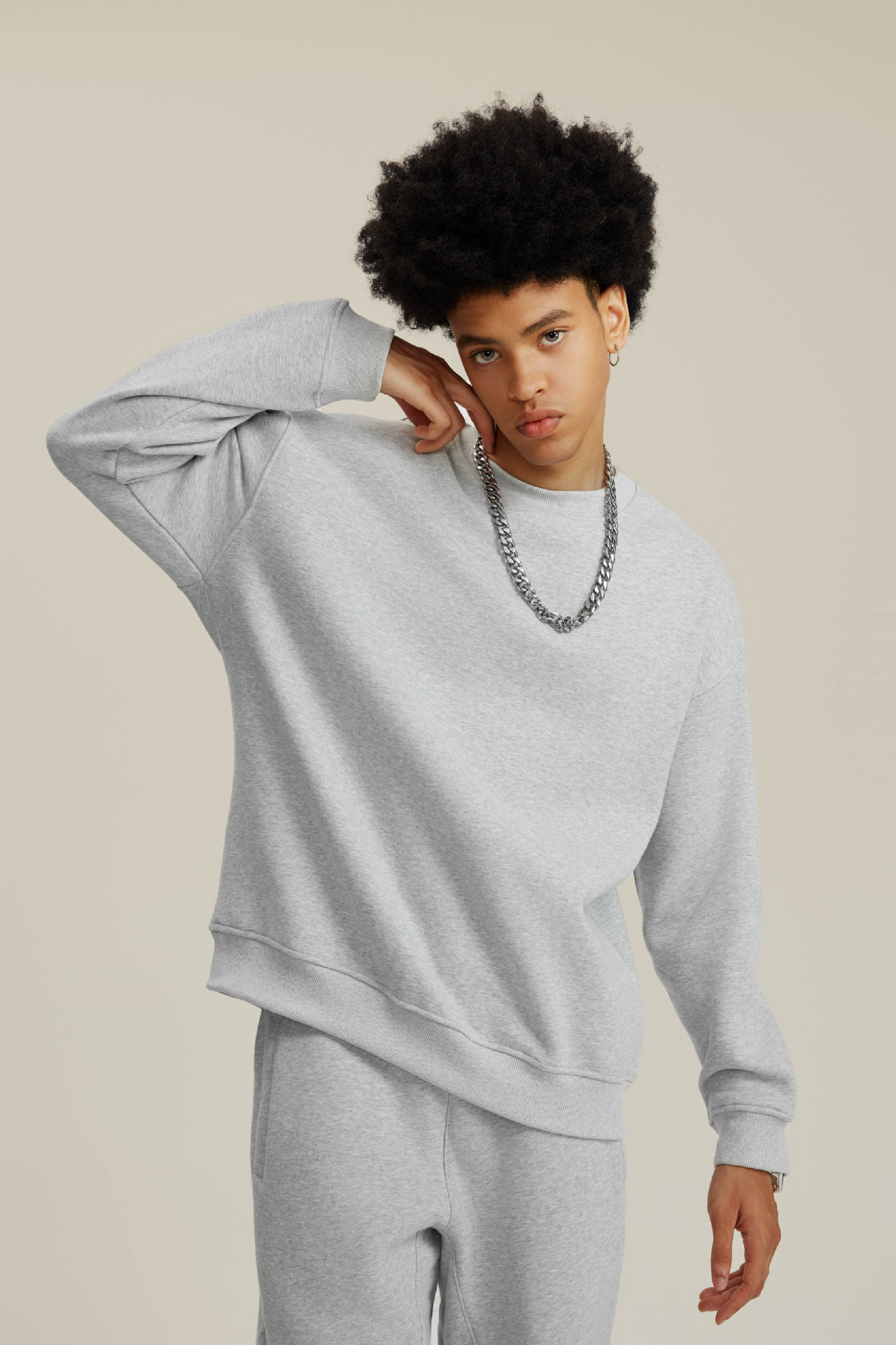 Sweat-shirt à col rond pour homme de marque décontractée et ample en velours 345 g plus couleur unie_voghion.com