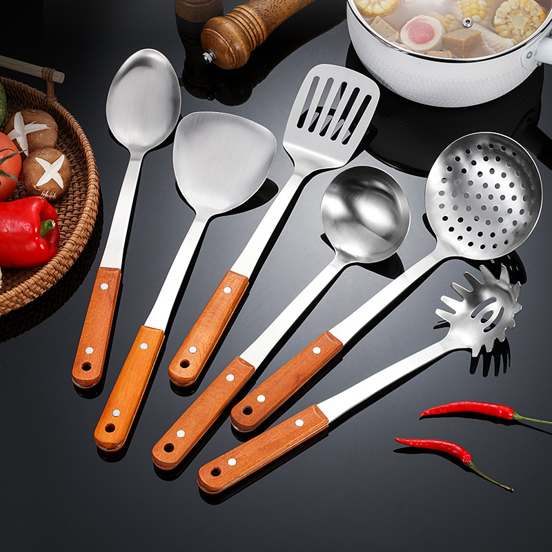 Espeso no magnético mango de madera de acero inoxidable pala de cocina conjunto de pala de cocina de fugas de cocina
