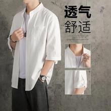 T亚麻衬衫男衬衣宽松男装中国风夏季棉麻男士外套七分袖衣麻布薄